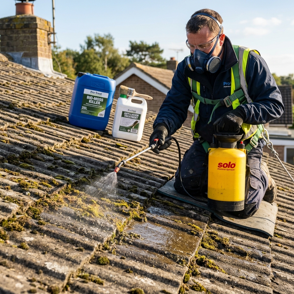 Couvreur appliquant un traitement anti-mousse biocide sur tuiles béton — pulvérisation professionnelle